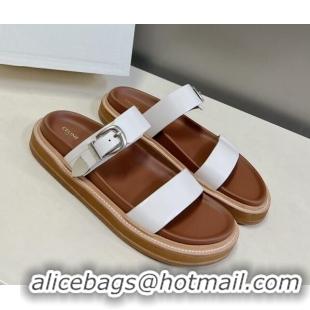 Stylish Celine Leather Slide Sandals with Buckle White 619072