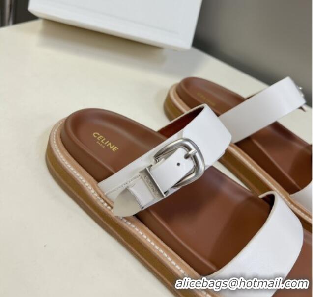 Stylish Celine Leather Slide Sandals with Buckle White 619072