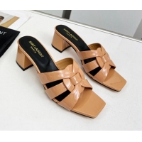 Pretty Style Saint Laurent Medium Heel Slide Sandals in Patent Leather 5.5cm Apricot 324082