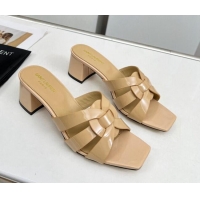 Low Price Saint Laurent Medium Heel Slide Sandals in Patent Leather 5.5cm Nude 324085