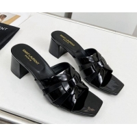 Luxury Saint Laurent Medium Heel Slide Sandals in Patent Leather 5.5cm Black 324088