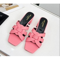 Good Quality Saint Laurent Medium Heel Slide Sandals in Palm-Grained Leather 5.5cm Light Pink 0324094