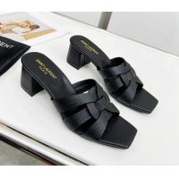 Good Product Saint Laurent Medium Heel Slide Sandals in Palm-Grained Leather 5.5cm Black 324097