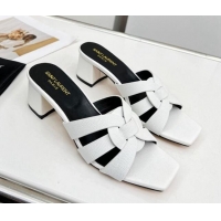 Luxurious Saint Laurent Medium Heel Slide Sandals in Palm-Grained Leather 5.5cm White 324098