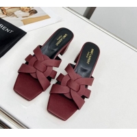 Hot Style Saint Laurent Medium Heel Slide Sandals in Palm-Grained Leather 5.5cm Burgundy 324102 