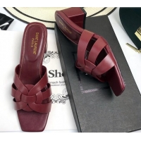 Grade Saint Laurent Lambskin Medium Heel Slide Sandals 5.5cm Burgundy 0324105