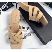 Stylish Saint Laurent Lambskin Medium Heel Slide Sandals 5.5cm Nude 0324108