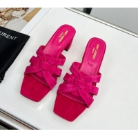 Cheap Price Saint Laurent Suede Medium Heel Slide Sandals 4.5cm Dark Pink 324112