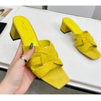 Pretty Style Saint Laurent Suede Medium Heel Slide Sandals 4.5cm Yellow 0324114