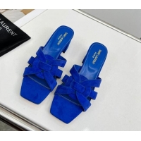 Shop Duplicate Saint Laurent Suede Medium Heel Slide Sandals 4.5cm Blue 0324117