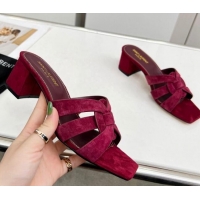 Luxury Cheap Saint Laurent Suede Medium Heel Slide Sandals 4.5cm Burgundy 324118