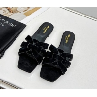 Luxury Saint Laurent Suede Flat Slide Sandals Black 0324121