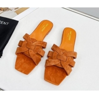 Discount Saint Laurent Suede Flat Slide Sandals Apricot 324122