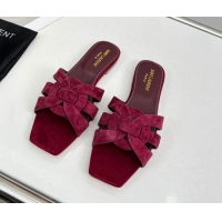 Good Product Saint Laurent Suede Flat Slide Sandals Burgundy 0324124