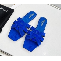 Good Looking Saint Laurent Suede Flat Slide Sandals Blue 0324130