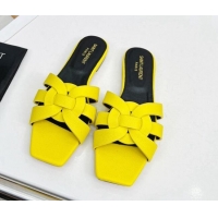 Discount Saint Laurent Flat Slide Sandals in Palm-Grained Leather Yellow  0324135