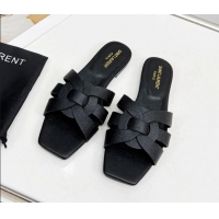 Cheap Price Saint Laurent Flat Slide Sandals in Palm-Grained Leather Black 0324136