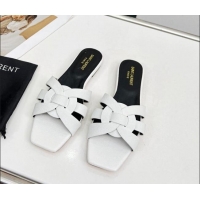 Good Product Saint Laurent Flat Slide Sandals in Palm-Grained Leather White 0324137