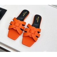 Low Cost Saint Laurent Flat Slide Sandals in Palm-Grained Leather Orange 0324138