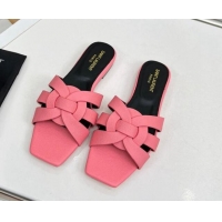 Charming Saint Laurent Flat Slide Sandals in Palm-Grained Leather Light Pink 0324139