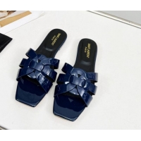 Top Grade Saint Laurent Flat Slide Sandals in Patent Leather Navy Blue 324141