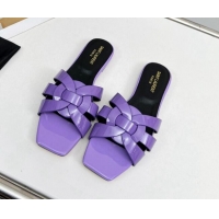 Stylish Saint Laurent Flat Slide Sandals in Patent Leather Purple 324145