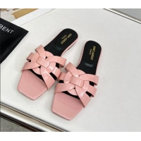 Duplicate Saint Laurent Flat Slide Sandals in Patent Leather Light Pink 324147