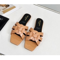 Best Product Saint Laurent Flat Slide Sandals in Patent Leather Apricot 324150