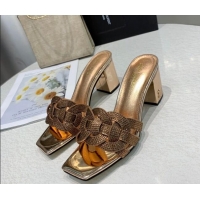 Top Design Saint Laurent Medium Heel Slide Sandals with Crystals Gold 324153