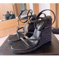 Top Grade Saint Laurent Calf Leather YSL Wedge Sandals 12 Black/Gold 0325006