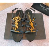 Durable Saint Laurent Calf Leather YSL Flat Sandals Black/Yellow Gold 0325007