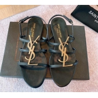 Good Quality Saint Laurent Calf Leather YSL Flat Sandals Black/Aged Gold 325008