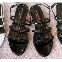 Best Product Saint Laurent Patent Leather YSL Flat Sandals Black 0325009