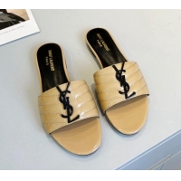 Most Popular Saint Laurent Monogram Patent Leather YSL Flat Slide Sandals Beige 325013