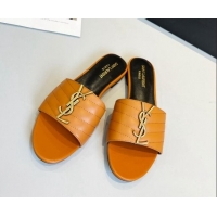 Unique Style Saint Laurent Monogram Calf Leather YSL Flat Slide Sandals Apricot 0325019