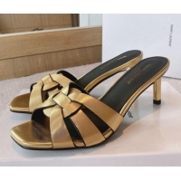 Pretty Style Saint Laurent Calf Leather Medium Heel Slide Sandals 6.5cm Gold 0325021