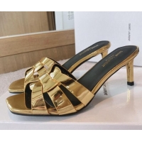 Best Price Saint Laurent Patent Leather Medium Heel Slide Sandals 6.5cm Gold 0325029