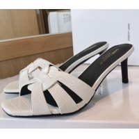 Good Quality Saint Laurent Medium Heel Slide Sandals 6.5cm in Stone Embossed Leather White 0325034