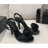 Charming Saint Laurent Satin High Heel Sandals 9cm with Bloom Charm Black 0412031