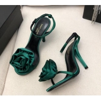 Best Grade Saint Laurent Satin High Heel Sandals 9cm with Bloom Charm Green 0412033