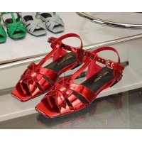 Shop Duplicate Saint Laurent Flat Sandals in RedPatent Metallic Leather 30426114