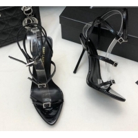 Perfect Saint Laurent Lila Patent Leather High Heel Sandals 10.5cm with Crystal Buckle Black 506090