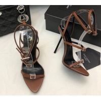 Good Quality Saint Laurent Lila Leather High Heel Sandals 10.5cm with Crystal Buckle Brown 506091