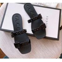 Popular Style Gucci PVC Chain Flat Slide Sandals Black 022342