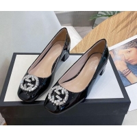 Classic Hot Gucci Patent Leather Pumps 3.5cm with Crystal Interlocing G Black 022347