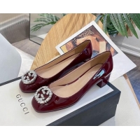 Low Cost Gucci Patent Leather Pumps 3.5cm with Crystal Interlocing G Burgundy 022348