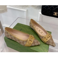 Shop Duplicate Gucci GG Canvas Ballet Flat with Horsebit Camel 022352