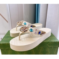 Popular Style Gucci Rubber Thong Sandals with Double G and Crystals White 030269