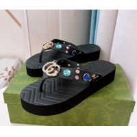 Classic Hot Gucci Rubber Thong Sandals with Double G and Crystals Black 030271