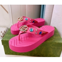 Best Grade Gucci Rubber Thong Sandals with Double G and Crystals Pink 030272